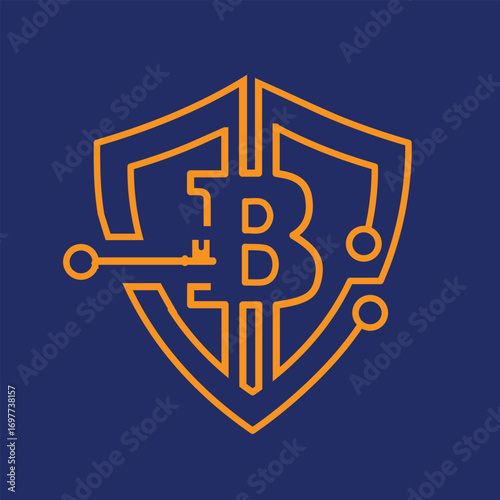 This is a flat logo design of a shield with a Bitcoin icon at the center with a key trying to open it. The logo looks elegant in gold color on a dark blue background. 