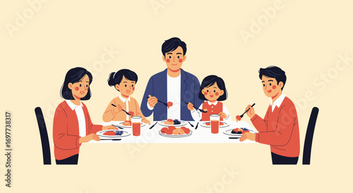 Happy family eating together cartoon illustration at the dinner table
