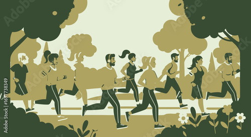 Group of Diverse People Jogging Together in the Park Green Monochromatic Illustration