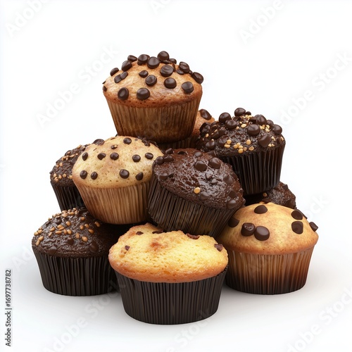 Cake moist muffin pile with chocolate chips sweet snack food, isolated white