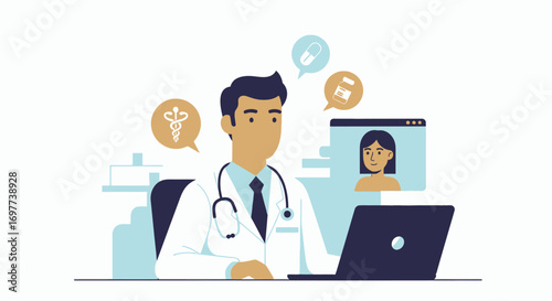 Doctor consulting patient online telemedicine medical support laptop illustration
