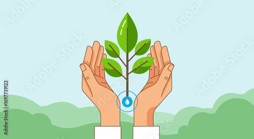 Hands hold seedling with water drop for environmental care illustration