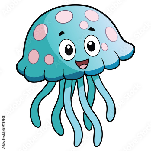Cartoon Jellyfish Character with Pink Spots and Smiling Face on White Background