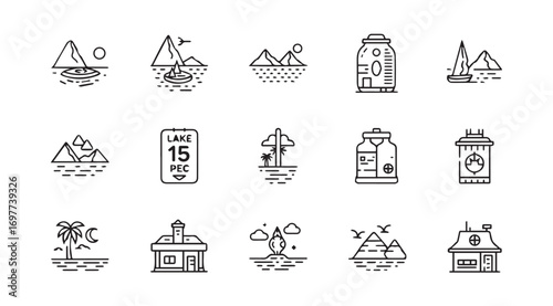 Collection of simple outline icons representing travel and nature elements silhouette