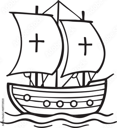 Black and white vector of historic sailing ship with cross-marked sails on ocean waves perfect for exploration and nautical designs