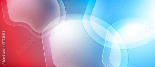 Abstract background features flowing shapes, red, white, blue hues. Soft gradients create dynamic visual effect. Smooth transitions present modern design.