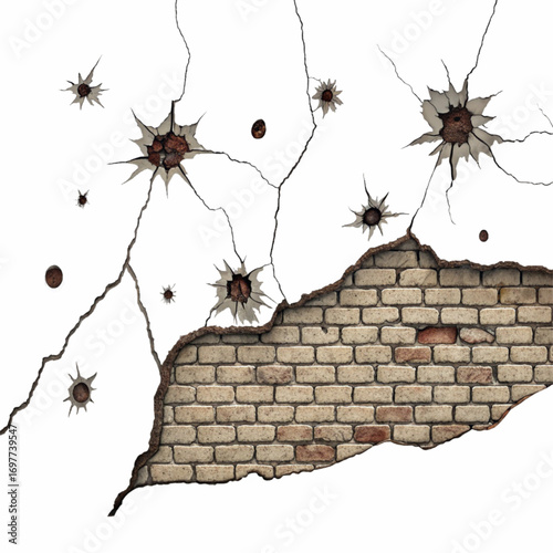Impactful bullet holes and cracked plaster reveal weathered brick wall texture, perfect for gritty storytelling and dramatic scenes.
