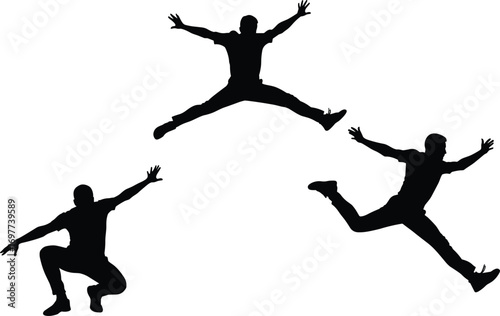 "Silhouettes of jumping man in motion arc, dynamic athlete poses showing energy and movement, vector illustration on white background"