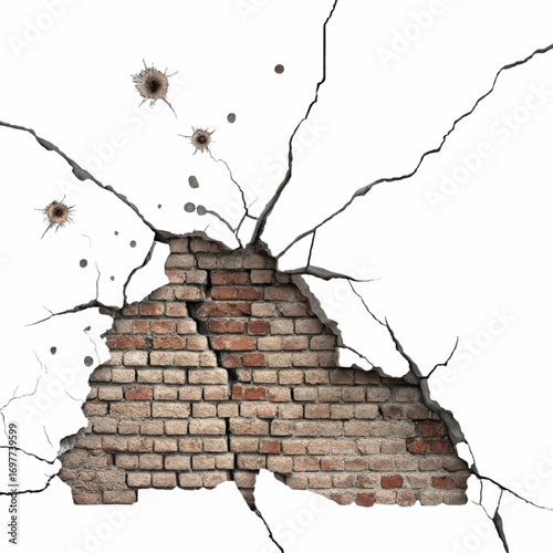 Dramatic brick wall breach with bullet holes and jagged cracks creating a powerful symbol of impact and destruction