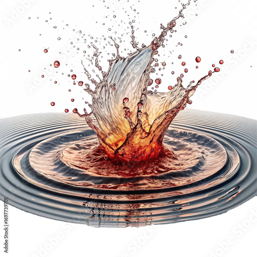 Dynamic liquid splash frozen in motion creating ripples and droplets, vibrant energy captured in stunning detail for beverage advertising