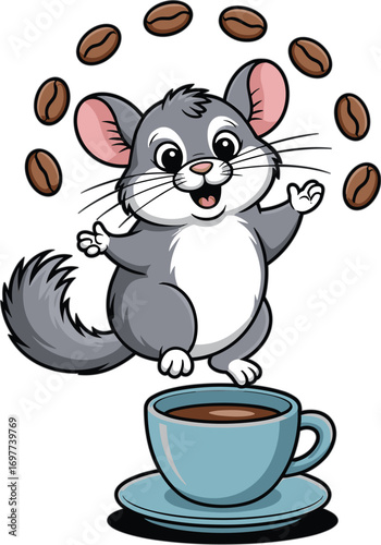 Cute chinchilla juggling coffee beans above a cup of coffee