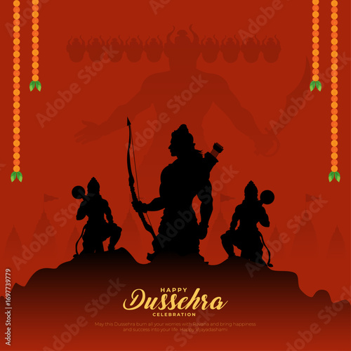 Happy dussehra post and greeting card design. illustration of Lord Rama killing Ravana in Navratri festival of India poster for Happy Dussehra