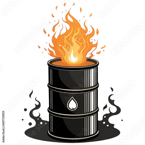 Burning oil barrel with flames, representing energy crisis, fossil fuels, and environmental issues, dynamic
