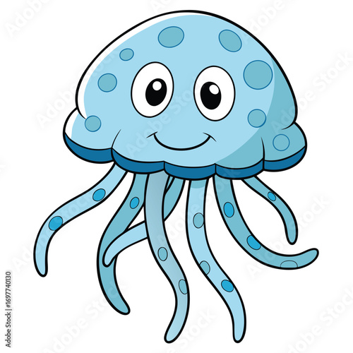 Cartoon Jellyfish with Smiley Face and Blue Spots on White Background