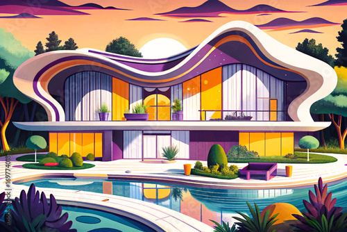 futuristic architectural design of a luxury home featuring flowing organic shapes and smooth curves, perfect for modern artwork, innovative projects, creative concepts, and decorative