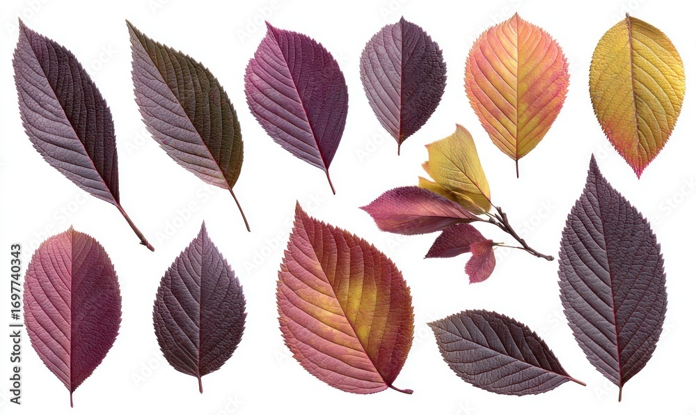 Obraz premium A collection of autumn leaves, displaying various shades of red, purple, and yellow on a white background, arranged in an artistic flat lay