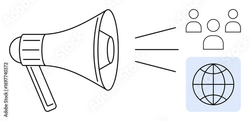 Megaphone emitting soundwaves towards people icons and globe. Ideal for marketing, communication, announcements, audience engagement, global outreach, public relations, media. Simple flat metaphor