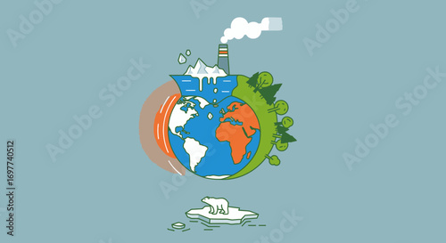 Global warming and climate change, melting ice caps illustration concept