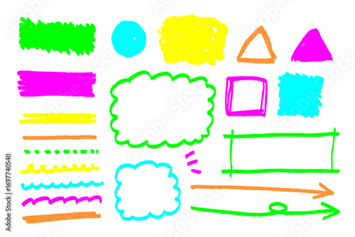 手描き風のカラフルな落書き調イラスト素材セット 吹き出し フレーム 矢印 強調線 装飾に便利なコミック風デザイン