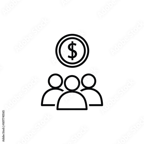 Financial group success icon with individuals and dollar sign, representing collective investment, shared earnings, and collaborative wealth generation in business