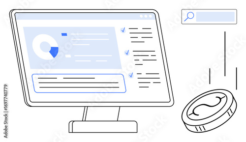 Desktop screen displaying financial analytics with charts and task lists. Coin illustration adds focus on monetary themes. Ideal for fintech, data analytics, business, investment, planning