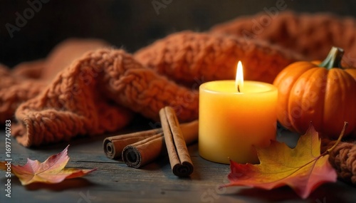 Cozy autumn scene with burning cinnamon-scented candle, fallen leaves, and warm-toned knitted throw Perfect for fall, Thanksgiving, and Halloween themes , red, maple leaves