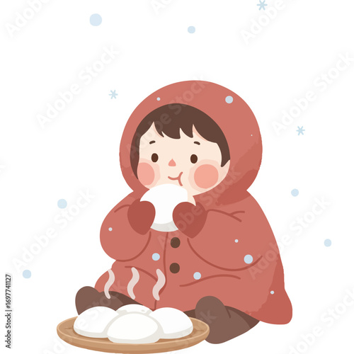 Winter Warmth: A captivating scene of a child eating sweet pie—ideal vector illustration for winter festival and food blogs, social media posters, and advertisements.