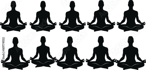 Meditation silhouettes in lotus pose, peaceful yoga practice, mindfulness, relaxation, spiritual wellness, group meditation, calmness, mental clarity vector art.