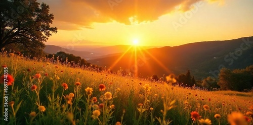 Golden hour sunlight bathes a vibrant landscape in warm, cheerful light  Perfect for travel, nature, and summer themes  Enjoy the radiant glow and picturesque scenery ,  yellow,  joy