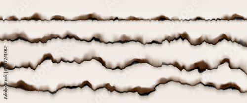 Burnt paper edges with tear marks and rip patterns for vintage design elements or scrapbooking. Layered horizontal strips with different damage styles. Grunge banner header or border with torn page