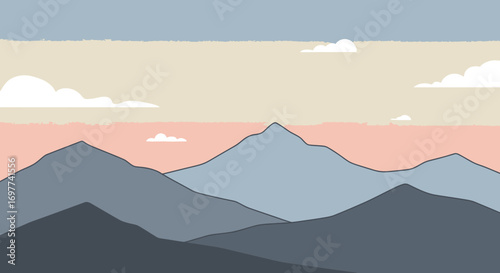 Minimalist mountain landscape illustration with pastel sky and white clouds