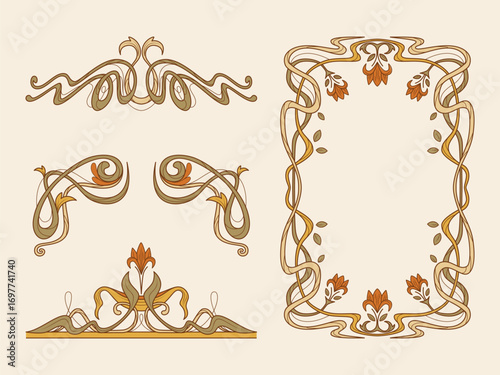 Art nouveau frame set with ornamental borders and floral motifs for vintage designs. Golden dividers, corners and rectangular border with intertwined vines and blossoms. Elegant decorative elements