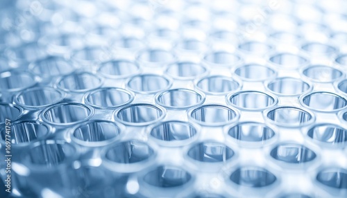 Microplate well pattern ninety six format oblique view subtle reflections representing sterile lab consumables suitable for scientific product design