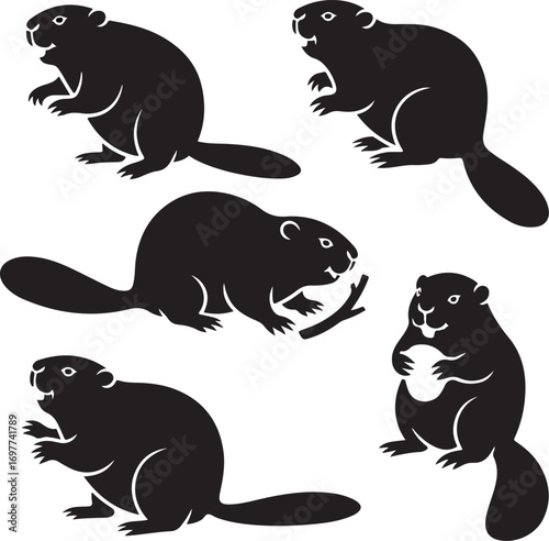 Collection of Black Beaver Silhouettes in Various Poses on White Background animal wildlife