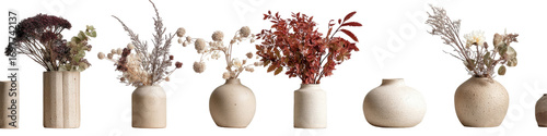 Dried flower arrangements in simple vases