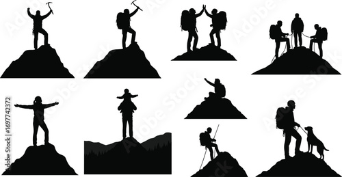 Mountain Hikers Silhouettes – Climbers on Peaks, Outdoor Adventure, Trekking, Hiking with Backpack, Nature Exploration, Camping Vector Illustration