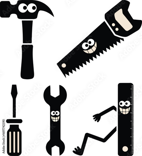Black cartoon tools with faces hammer wrench