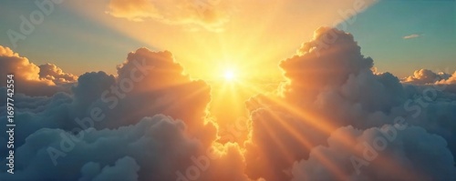 Golden sunbeams piercing through gaps in fluffy clouds, illuminating a bright, summer sky A breathtaking view of nature's radiant light show , cumulus, dazzling