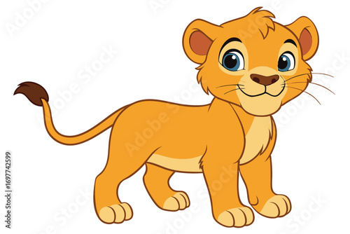 Cartoon Lion Cub Posing Proudly with Blue Eyes on a White Background