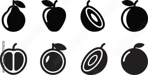 Eight black silhouette icons of various fruits including pears apples and plums whole and halved peach