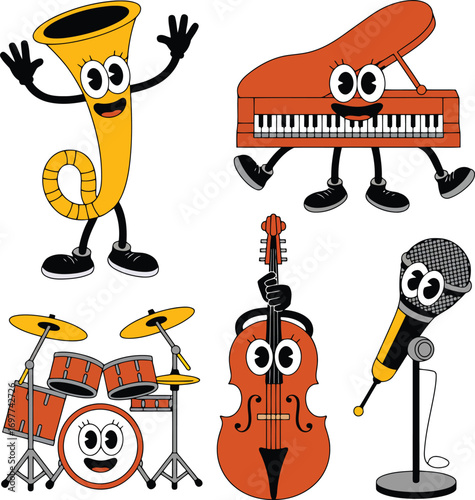 Cartoon musical instruments with faces and limbs trumpet piano