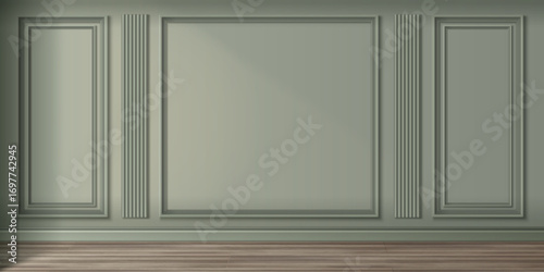 Classic wall panel design with green molding and decorative frames for luxury interiors. Traditional fluted pilasters, rectangular sections and raised borders for elegant rooms with wooden floor