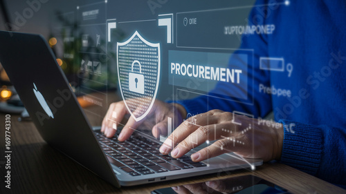 Secure online procurement process on laptop for business efficiency and data protection strategy