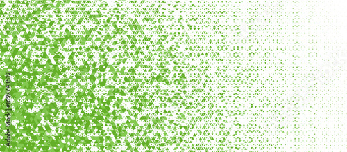 Green triangle mosaic, halftone fade left right, fresh eco vibe. Triangular tessellation, sustainability theme. Use background, banner, website, UI, print. Flat geometric style. Vector illustration