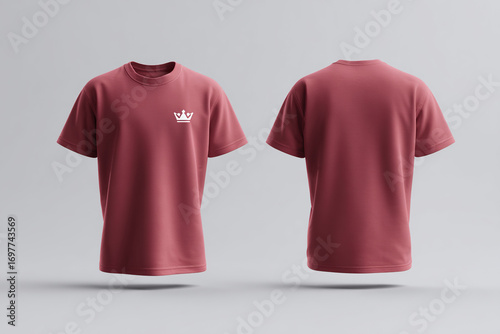 Maroon tee shirt featuring simple graphic in the front. Casual clothing apparel for everyday wear. Soft cotton crew neck top.