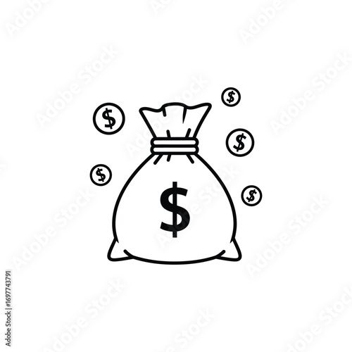 Money bag with dollar sign and coins line art icon. Vector illustration of wealth, finance, and savings symbol isolated on white background