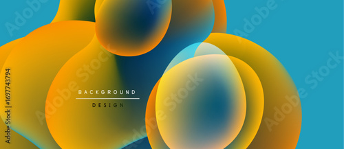 Abstract colorful shapes overlap, creating vibrant visual effect. Blue background complements orange, yellow hues. Modern design element.