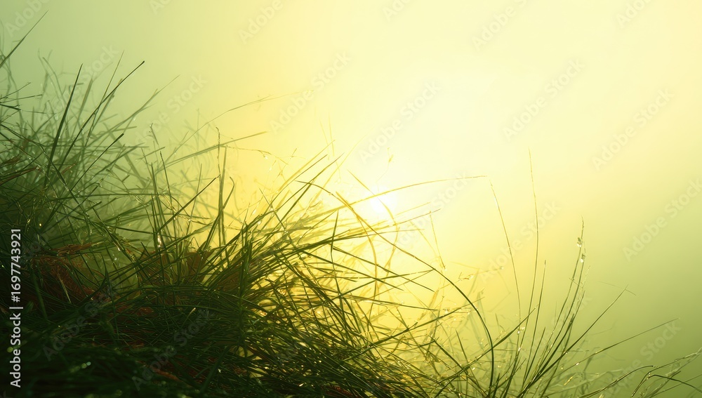 Obraz premium Lush green grass blades, bathed in soft, golden sunlight filtering through a misty atmosphere, creates a serene and peaceful scene.