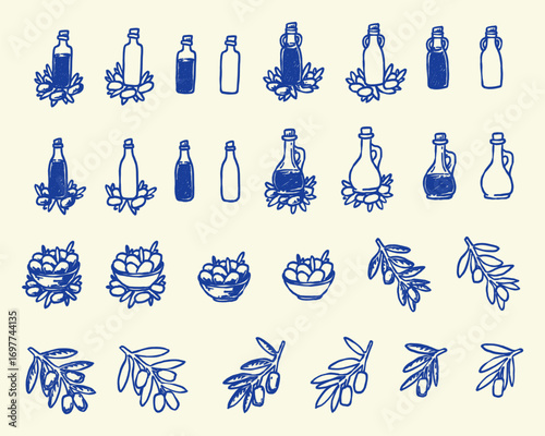 Doodle Olive Oil Bottles and Branches Vector Collection. Hand Drawn Olive Fruit and Bottle Collection