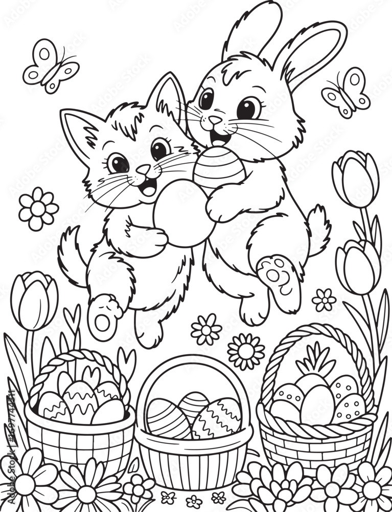 Obraz premium Adorable kitten and rabbit together holding easter eggs within a floral scene